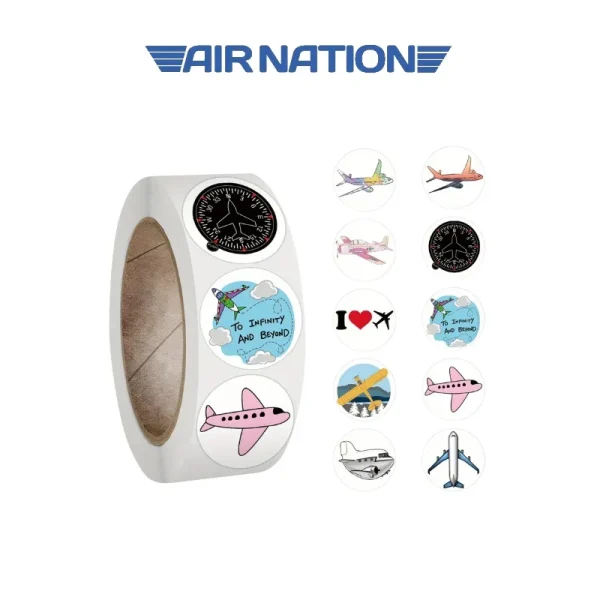 rollo de 500 stickers con diseño de aviación